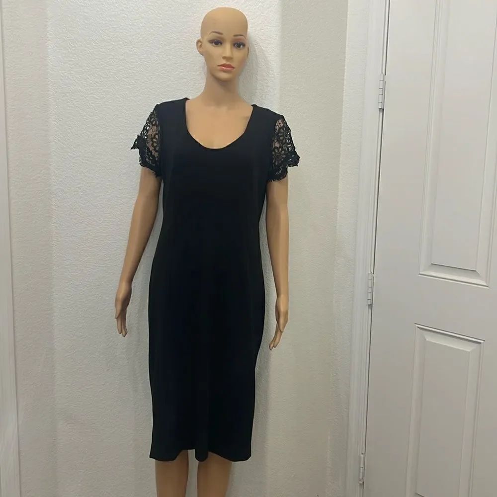 Sharagano Black Dress Scoop Neck Sz 10 Lace Cap Sleeve Midi